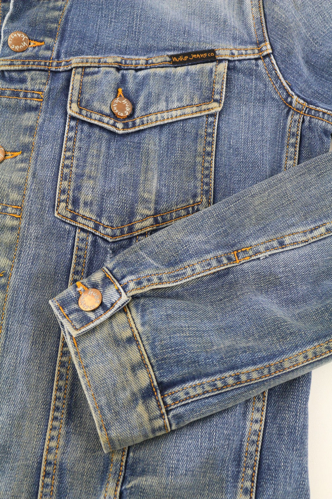 NUDIE Terry Natural Worn vyriška striukė M sendinto stiliaus mėlyna išblukusi sagų užsegimas PL 