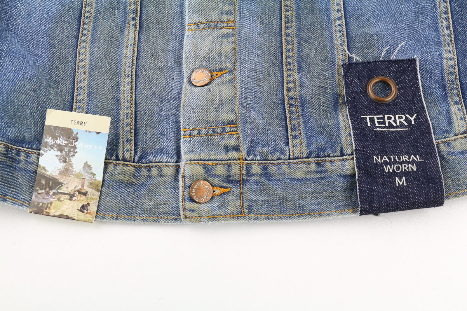 NUDIE Terry Natural Worn vyriška striukė M sendinto stiliaus mėlyna išblukusi sagų užsegimas PL 