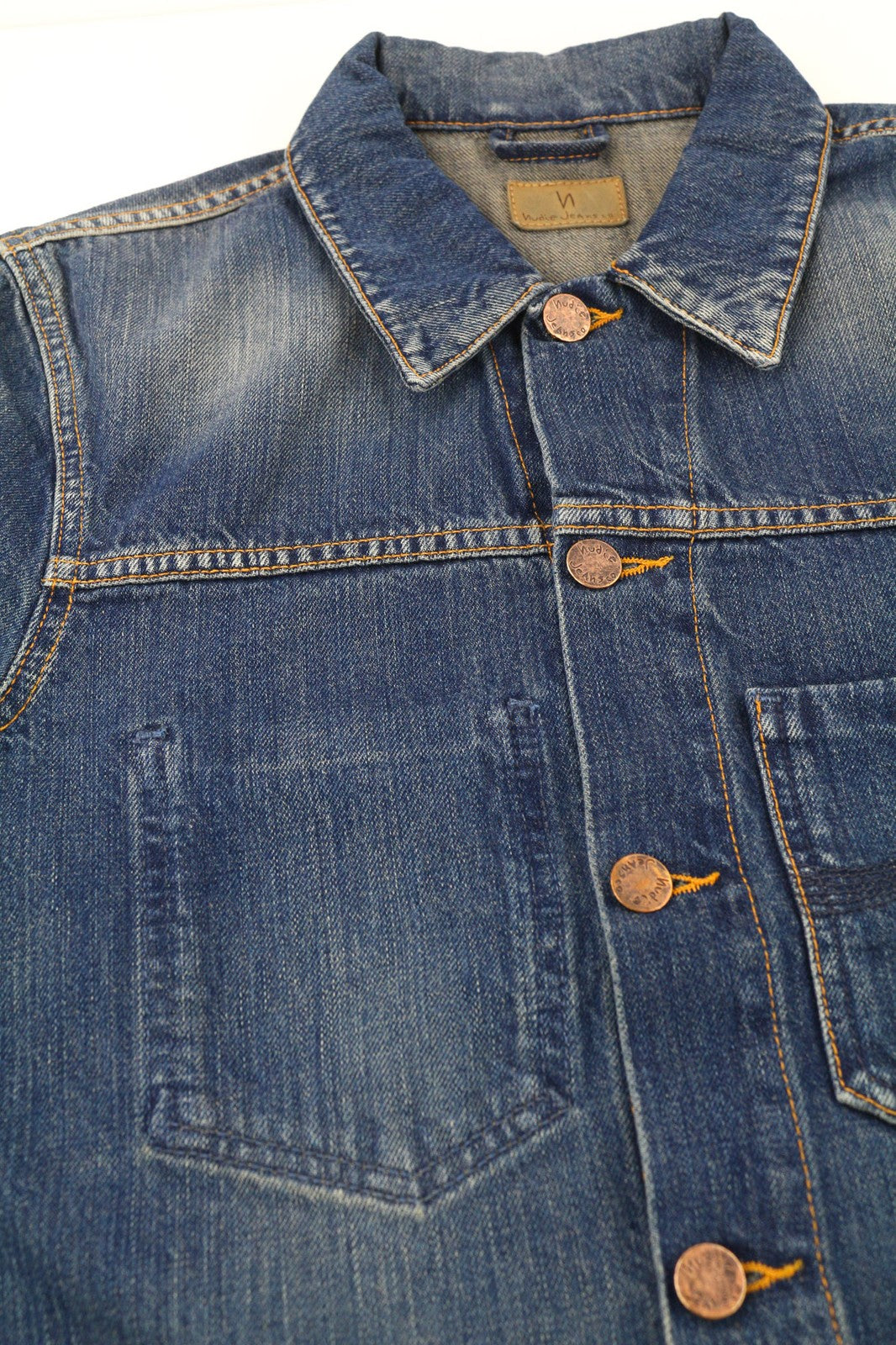 NUDIE Ronny Worn Authentic Mens Jacket XS Blue Worker Unlined Button Closure