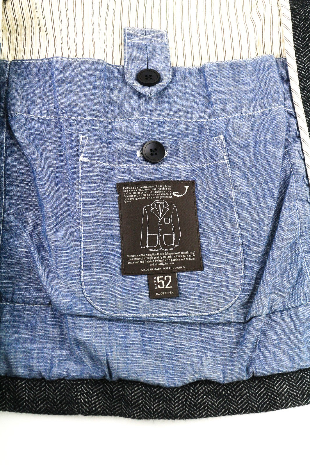 JACOB COHEN J521 vyriškas švarkas 52 tamsiai pilkas su medvilnės vilnos raštu ir be pamušalo 