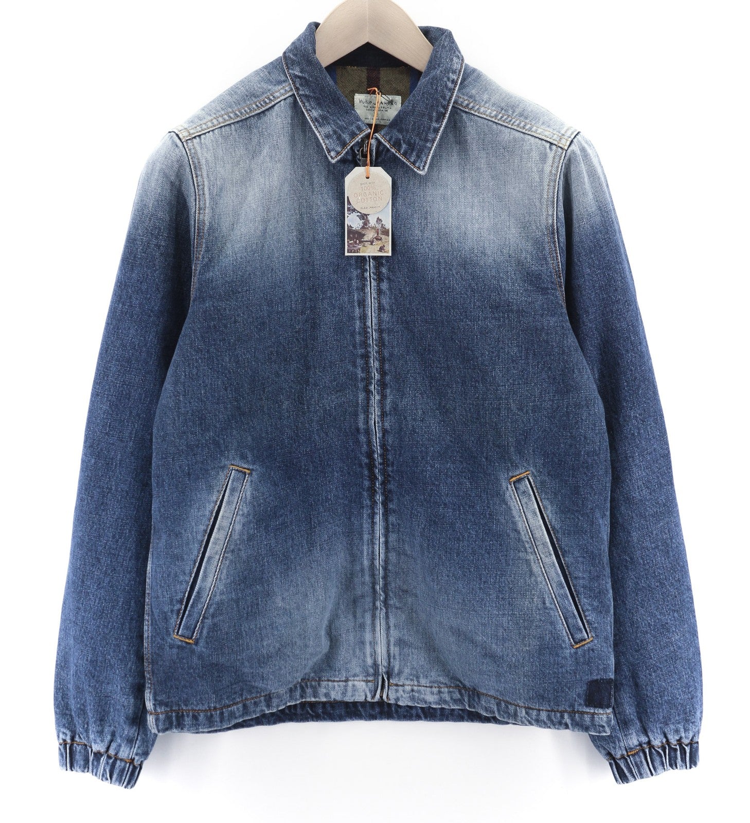 NUDIE Torkel Vintage mėlyna vyriška striukė XS su vilnoniu pamušalu ir išblukusiomis kaklo kišenėmis 