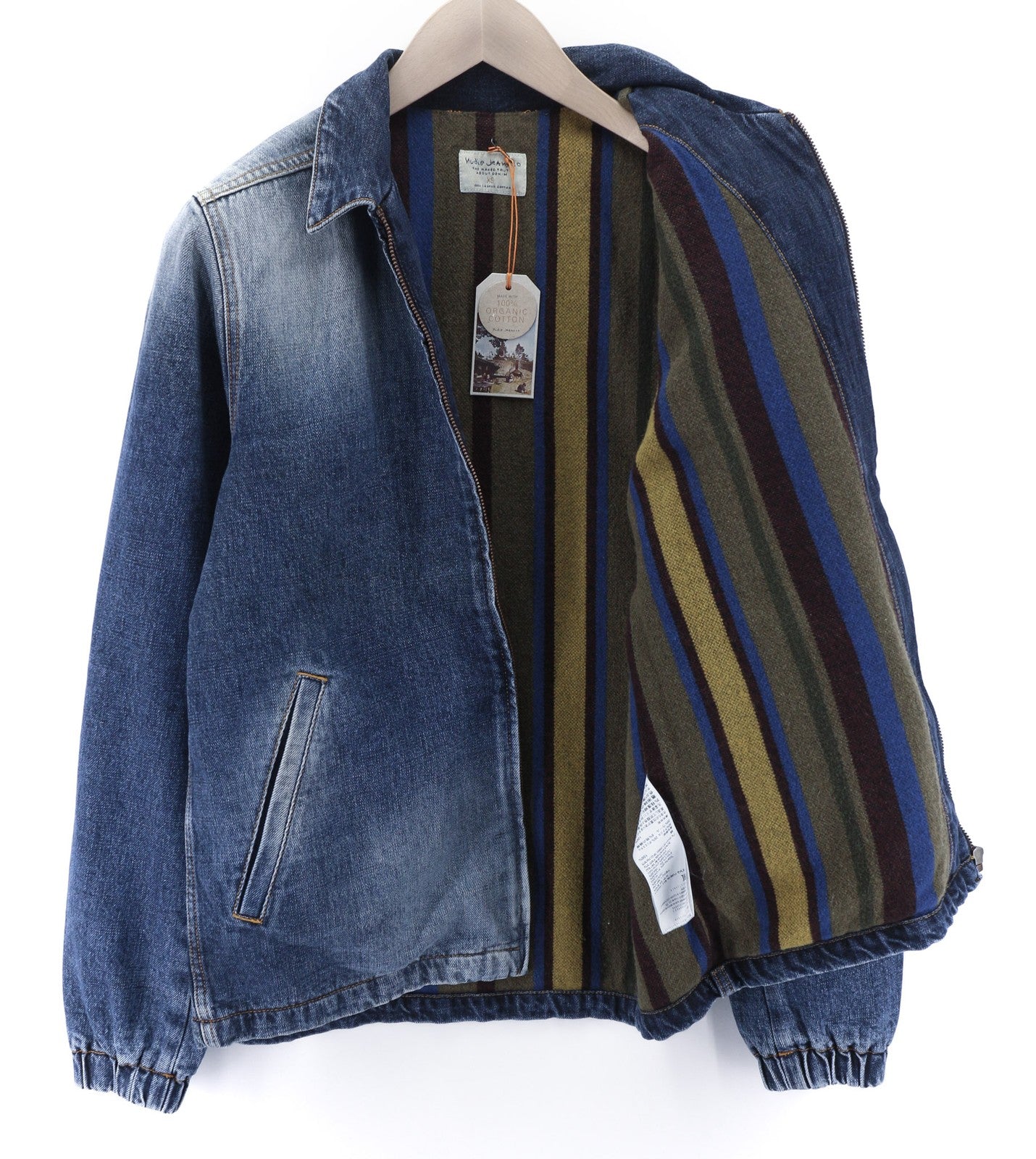 NUDIE Torkel Vintage mėlyna vyriška striukė XS su vilnoniu pamušalu ir išblukusiomis kaklo kišenėmis 