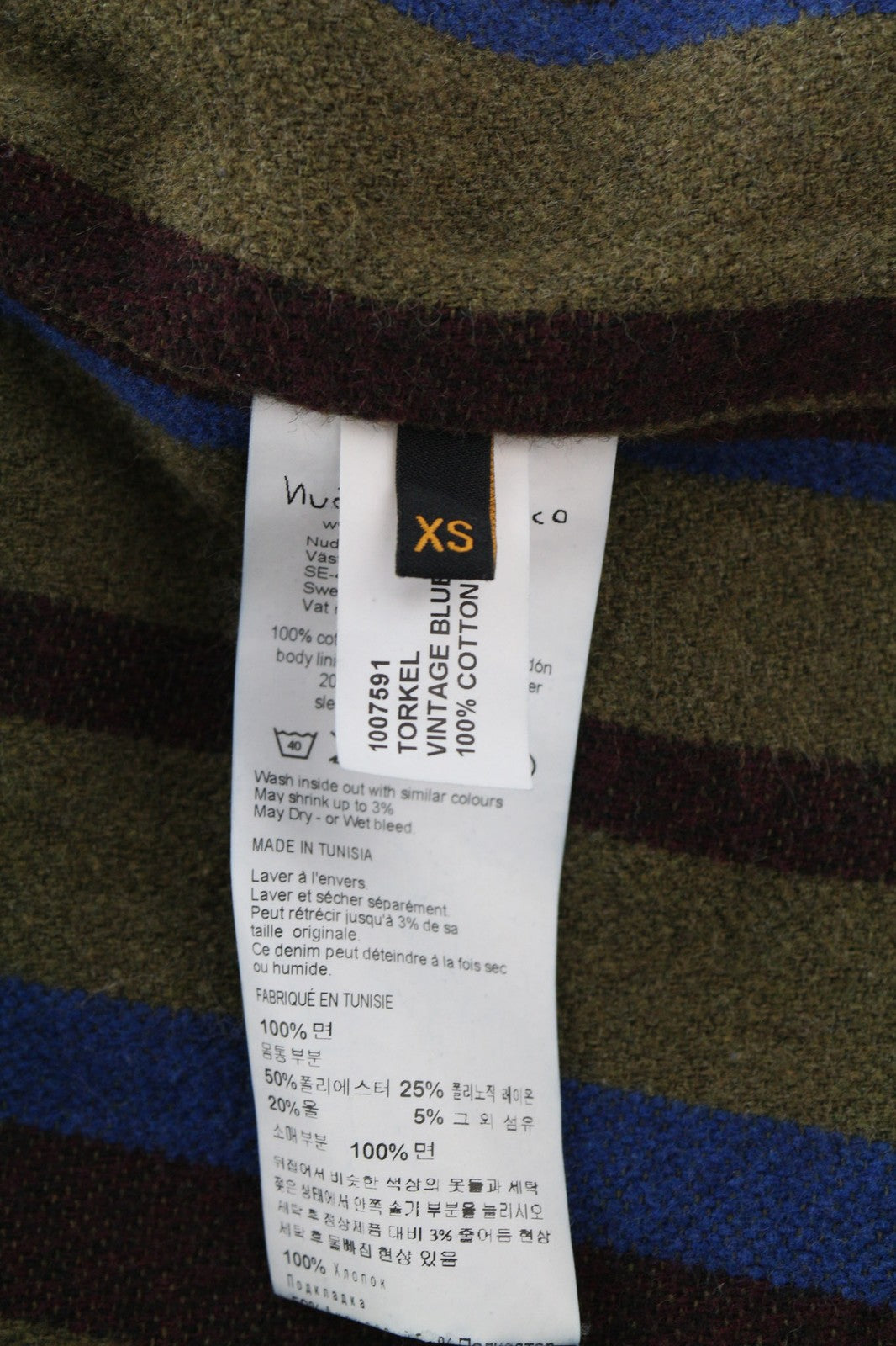 NUDIE Torkel Vintage mėlyna vyriška striukė XS su vilnoniu pamušalu ir išblukusiomis kaklo kišenėmis 
