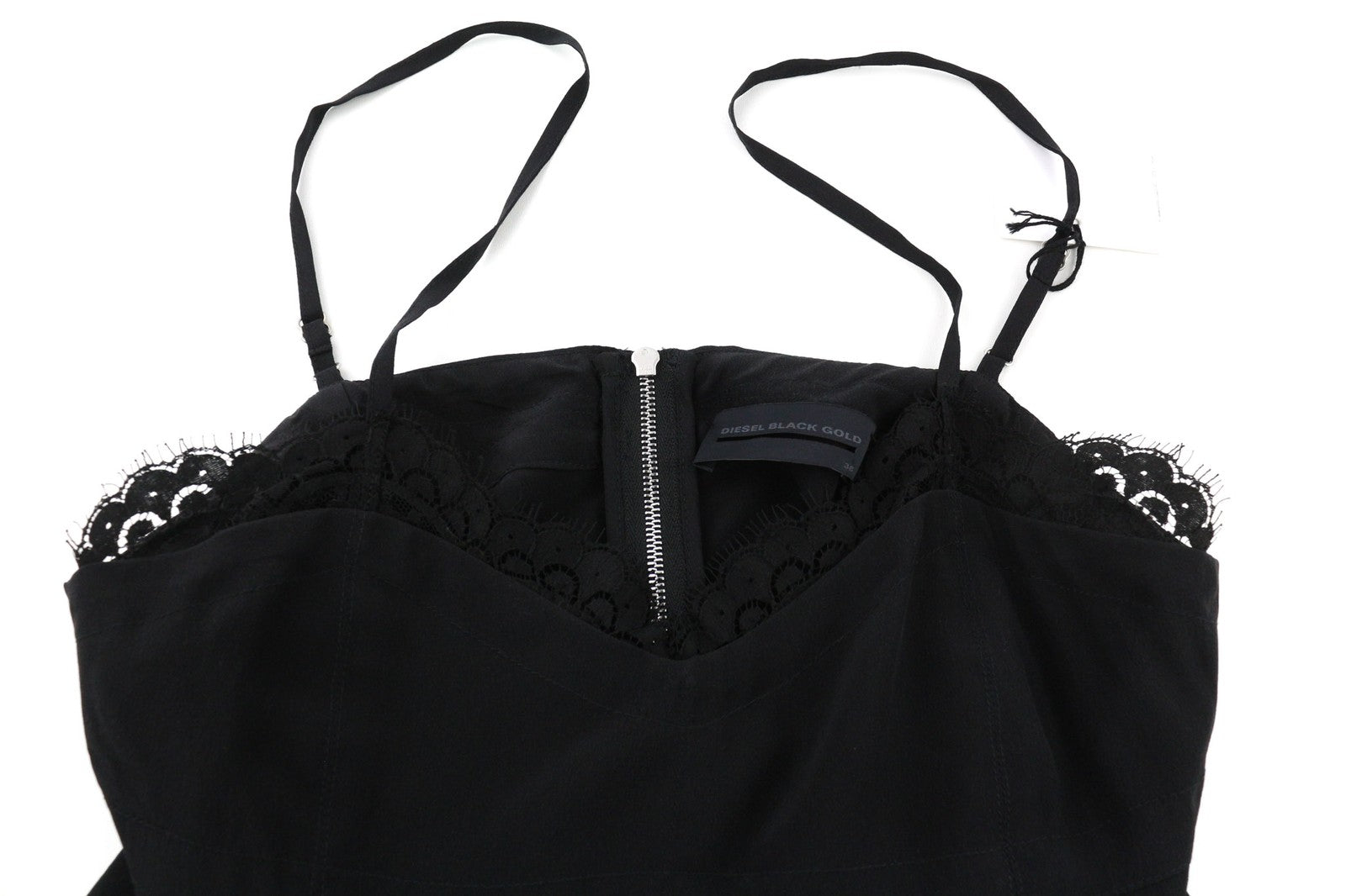 DIESEL BLACK GOLD Cesenz BG3BA moteriški marškinėliai be rankovių, 38 vnt., juodi, su nėriniuotais kraštais 