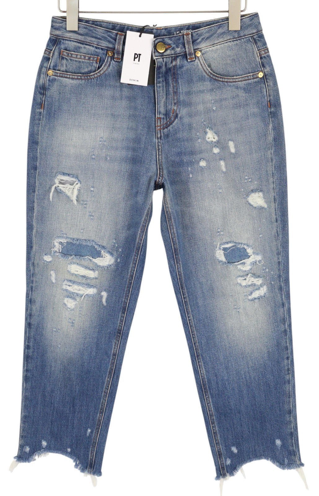 PT TORINO Tina moteriški džinsai W29 mėlyni su plėšytais dryžiais, iki kulkšnių, rekomenduojama kaina – 315 € 