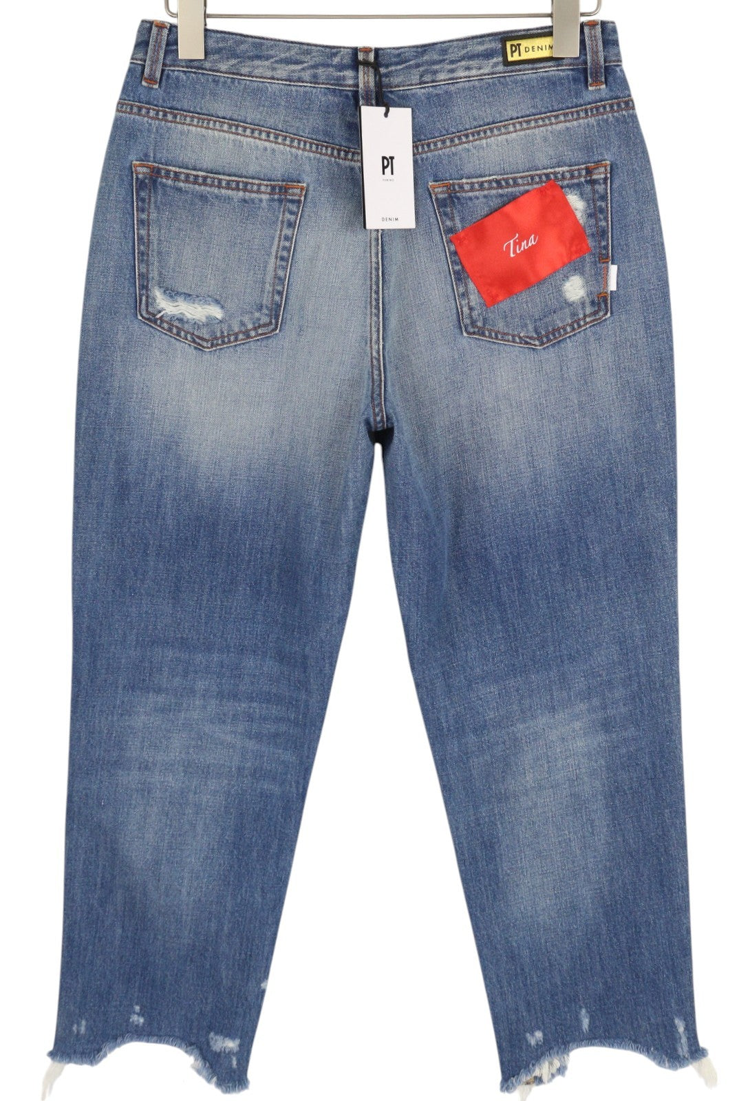 PT TORINO Tina moteriški džinsai W29 mėlyni su plėšytais dryžiais, iki kulkšnių, rekomenduojama kaina – 315 € 