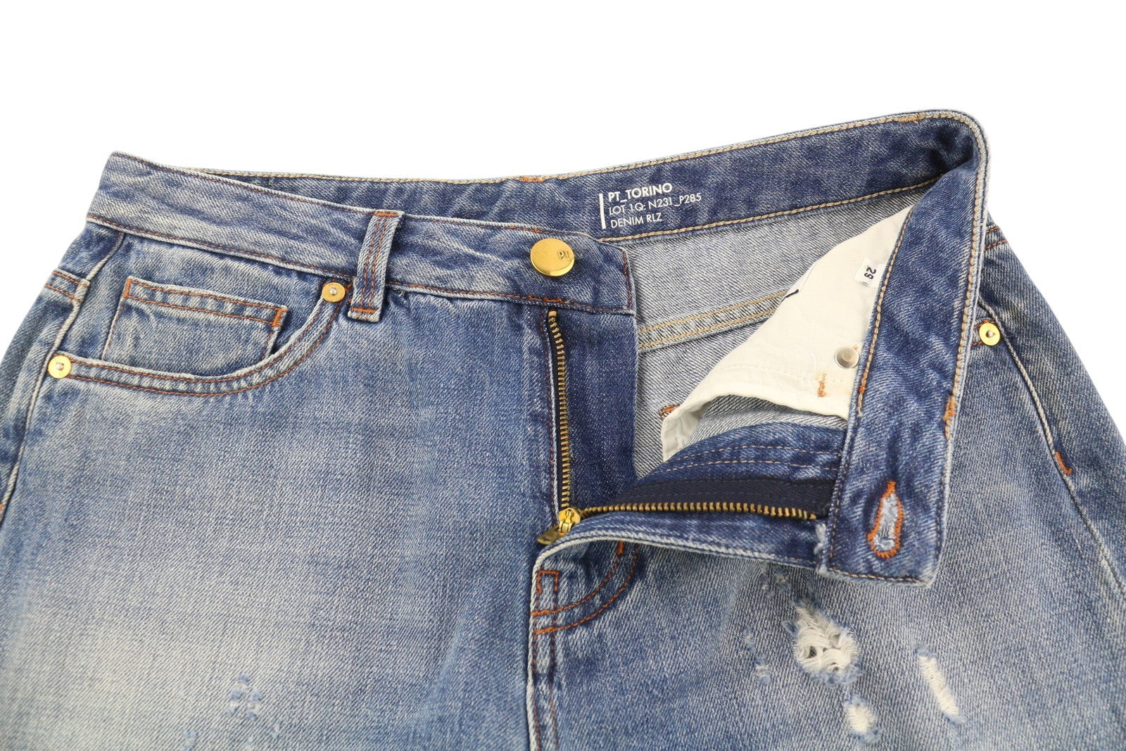 PT TORINO Tina moteriški džinsai W29 mėlyni su plėšytais dryžiais, iki kulkšnių, rekomenduojama kaina – 315 € 