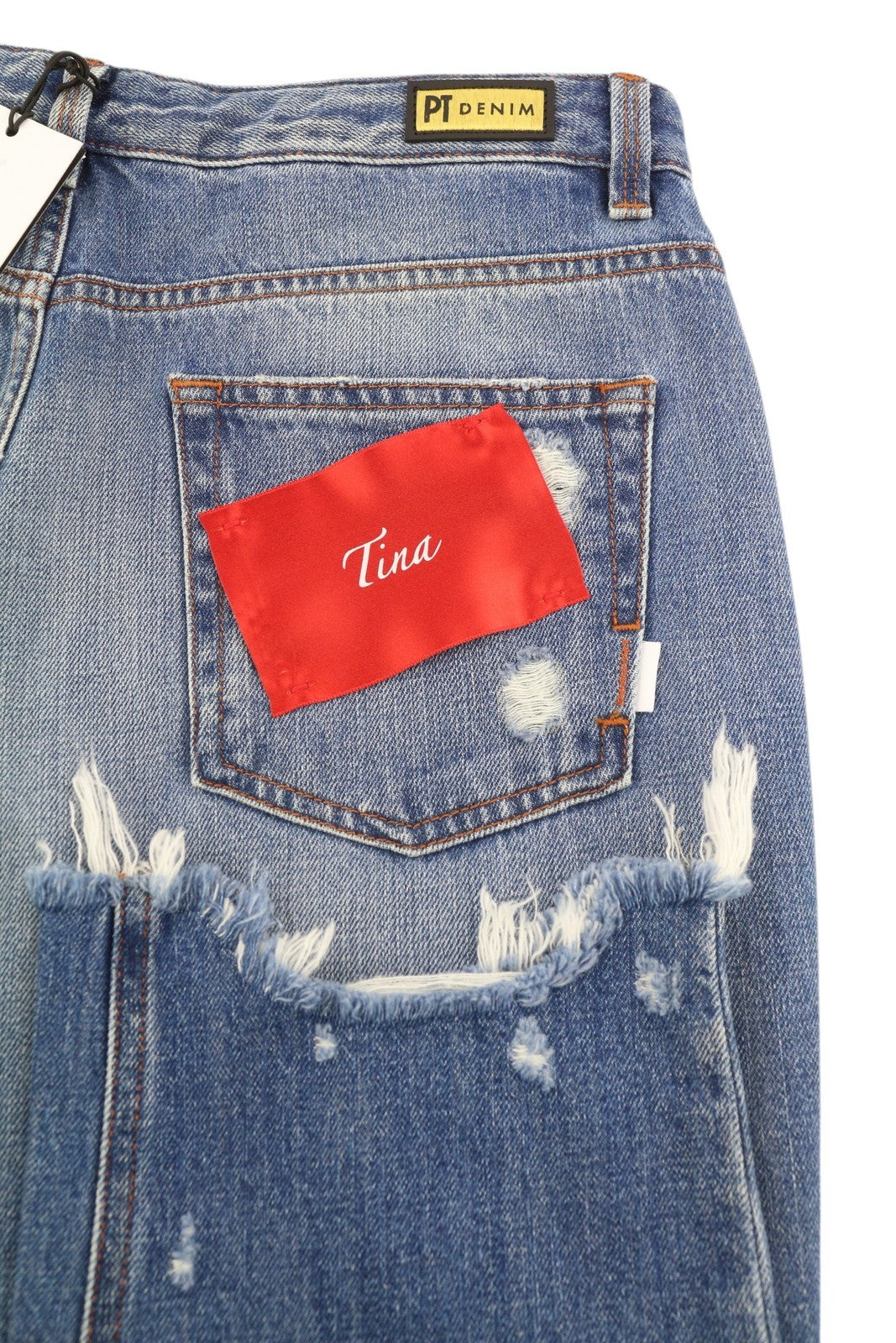 PT TORINO Tina moteriški džinsai W29 mėlyni su plėšytais dryžiais, iki kulkšnių, rekomenduojama kaina – 315 € 