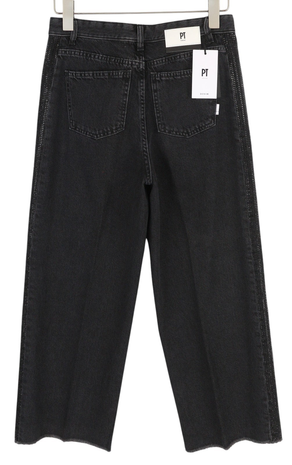 PT TORINO Tracy moteriški džinsai W28 juodi tiesūs cirkonio akmenėliais šone iki kulkšnies 