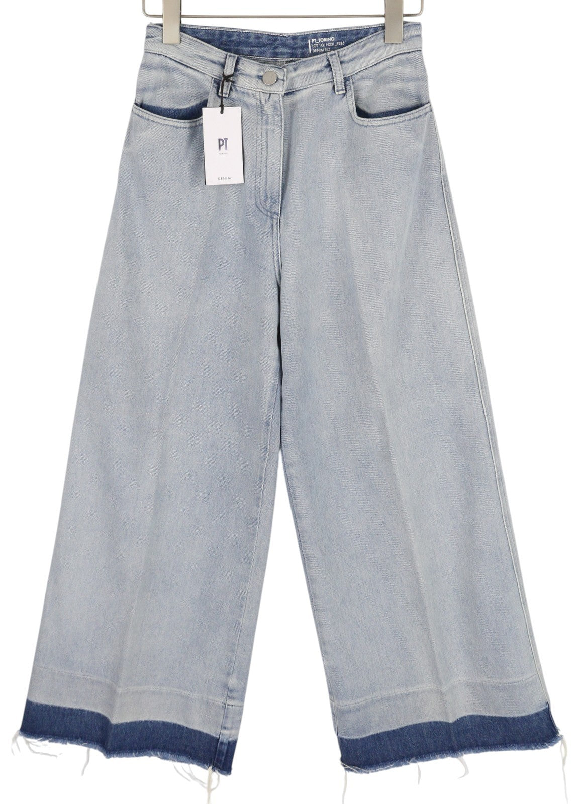 PT TORINO moteriški džinsai W30 mėlyni, skalbti, nebaigti apvadai, platūs klešnės ir užtrauktukai iki kulkšnies 
