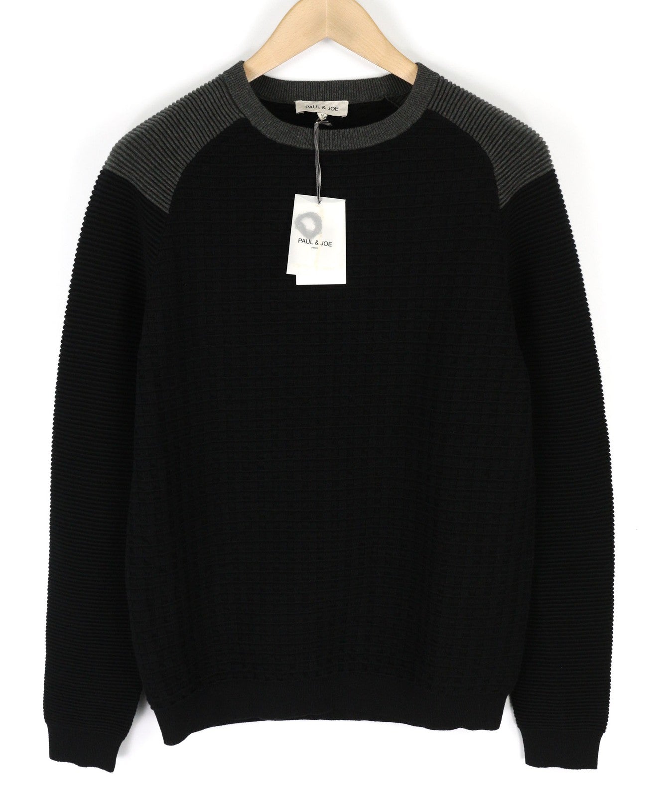 PAUL &amp; JOE vyriškas džemperis M, juodas apvalios kaklo iškirptės, medvilnės vilnos megztinis ilgomis rankovėmis 