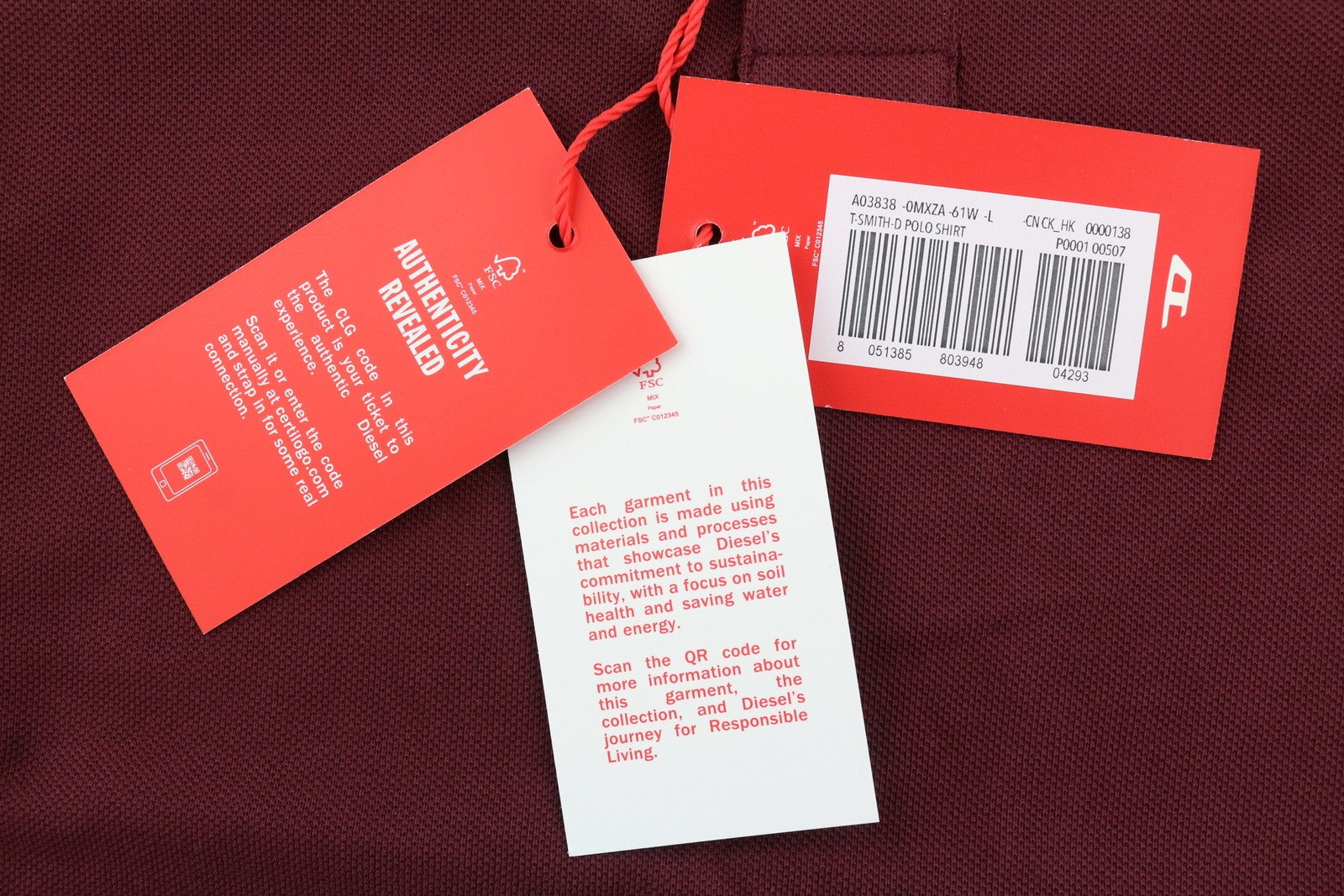 DIESEL T-Smith-D Mens T-Shirt L Short Sleeve Polo Neck Cotton Burgundy