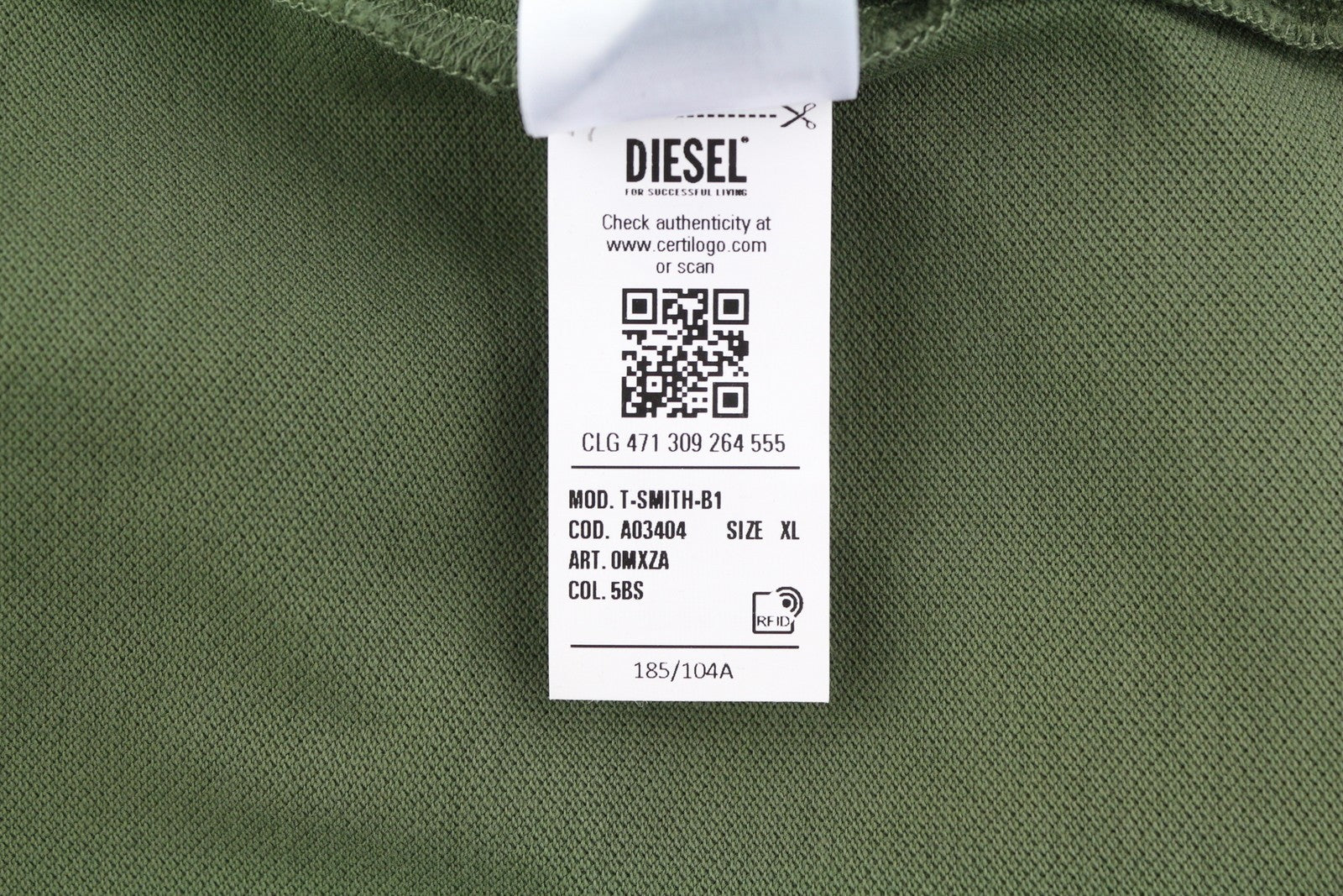 DIESEL T-Smith-B1 vyriški marškinėliai XL dydžio, trumpomis rankovėmis, polo apykakle, chaki žali, medvilniniai 