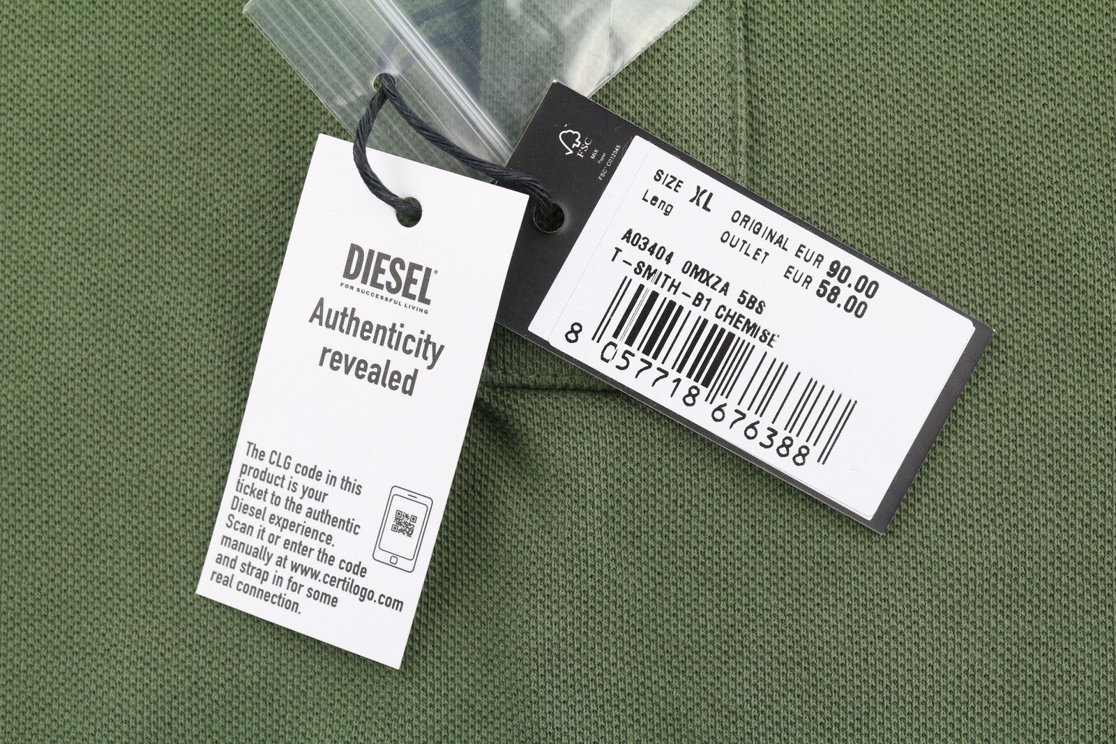 DIESEL T-Smith-B1 vyriški marškinėliai XL dydžio, trumpomis rankovėmis, polo apykakle, chaki žali, medvilniniai 