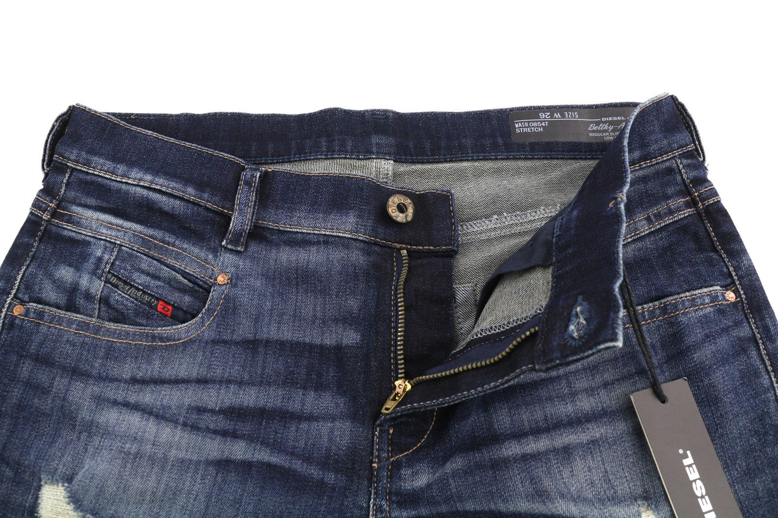 DIESEL Belthy-Ankle 0854T moteriški džinsai, W26, RRP 230 €, ploni, tiesūs, žemu juosmeniu, mėlyni. 