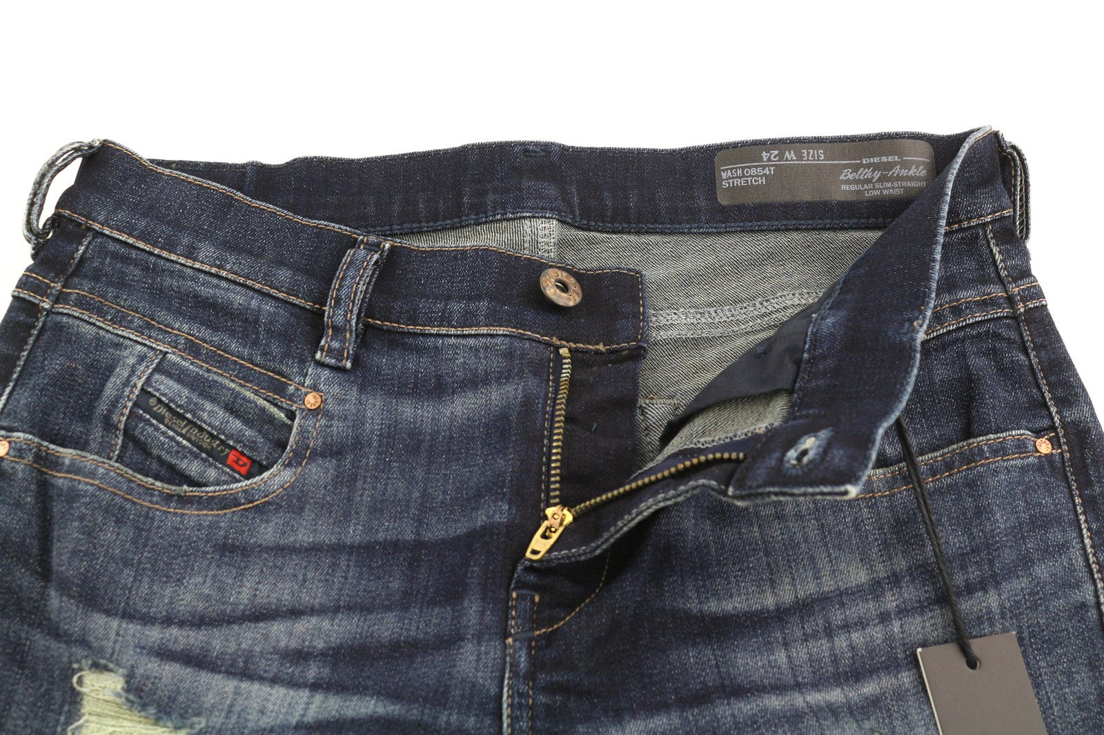 DIESEL Belthy-Ankle 0854T moteriški džinsai, W24, RRP 230 €, ploni, tiesūs, žemu juosmeniu, mėlyni. 