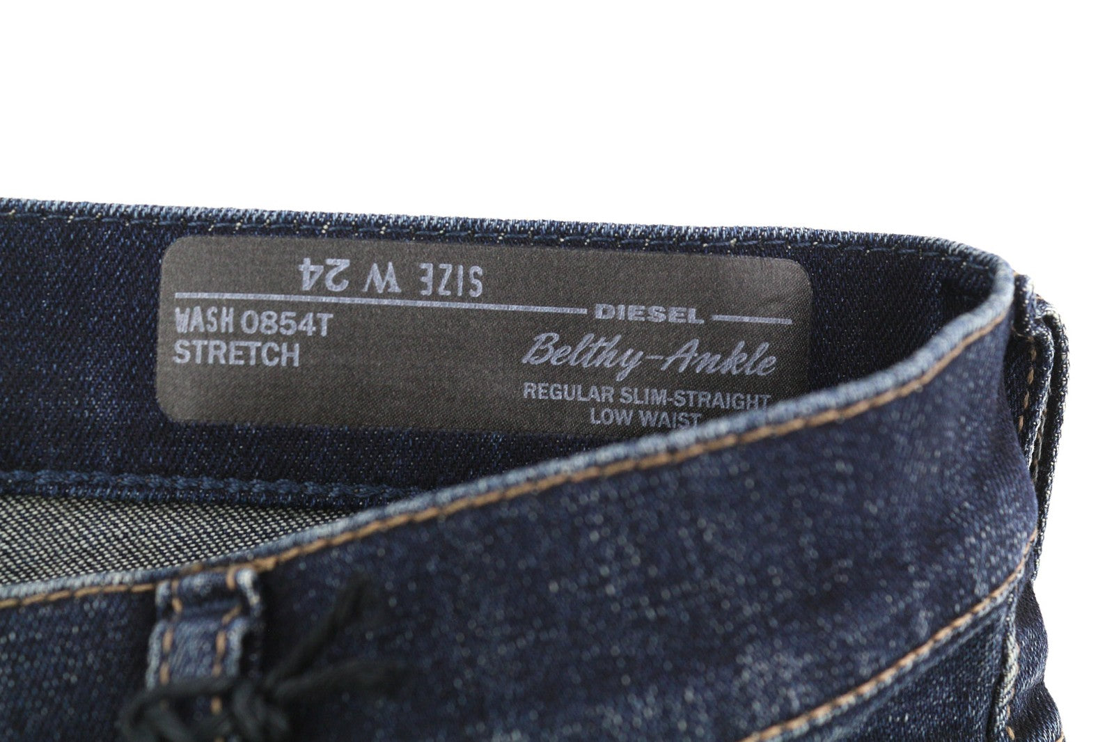 DIESEL Belthy-Ankle 0854T moteriški džinsai, W24, RRP 230 €, ploni, tiesūs, žemu juosmeniu, mėlyni. 