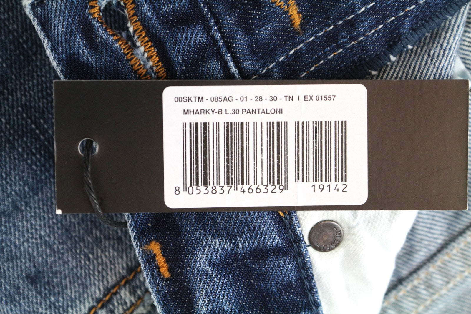 DIESEL Mharky-B 085AG vyriški W28/L30 aptempti mėlyni skalbti džinsai 