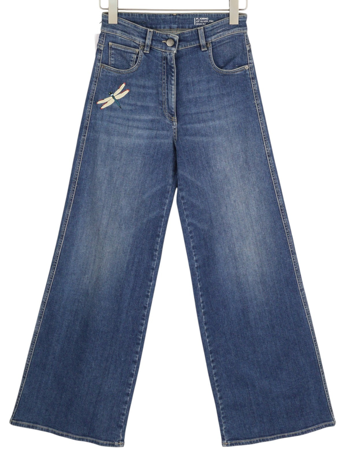 PT TORINO Cyndi moteriški džinsai W26 mėlyni siuvinėti aukštu juosmeniu platėjantys džinsai RRP 250 € 