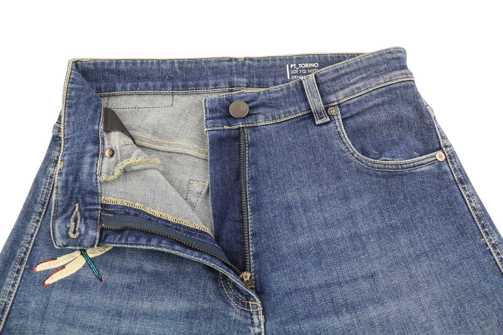 PT TORINO Cyndi moteriški džinsai W26 mėlyni siuvinėti aukštu juosmeniu platėjantys džinsai RRP 250 € 