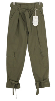 LIU JO moteriškos kelnės su krovininėmis kišenėmis, W28 chaki spalvos, su diržu aukštu juosmeniu. 