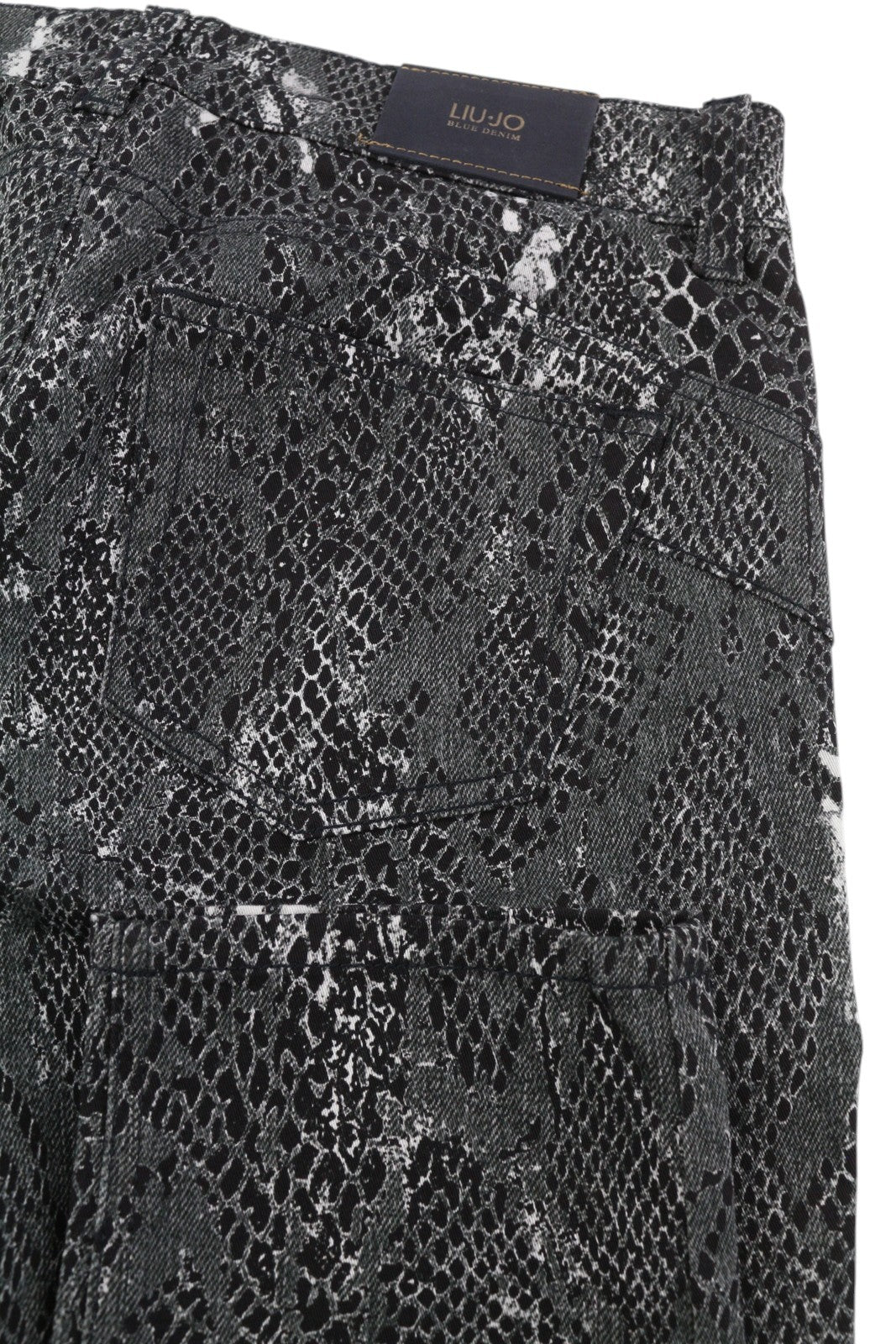 LIU JO Ideal moteriškos kelnės W28 pilkos iki kulkšnies su gyvūnų raštu, aptemptos, užtrauktuku 