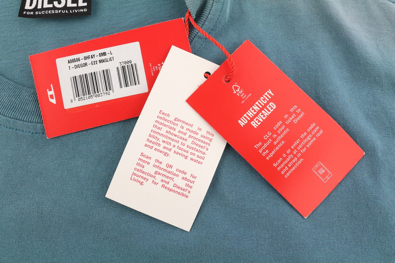 DIESEL T-Diegor-E22 Mens T-Shirt L Blue Fade Effect Crew Collar Short Sleeve