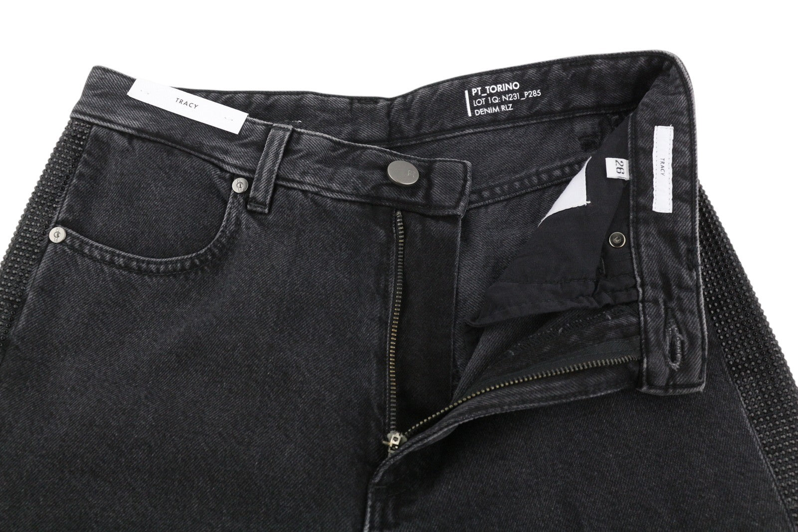 PT TORINO Tracy moteriški džinsai W26 juodi tiesūs cirkonio akmenėliais šone iki kulkšnies 