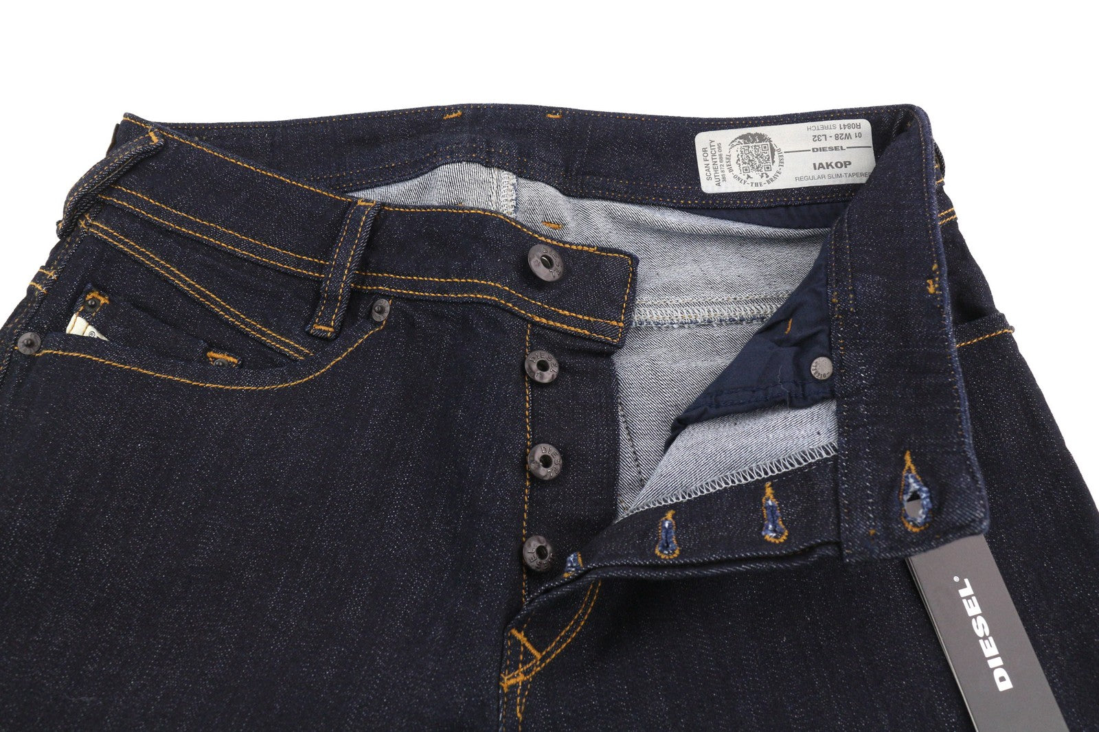 DIESEL Iakop R0841 vyriški džinsai W28/L32 Regular Slim Tapered Stretch tamsiai mėlyni 