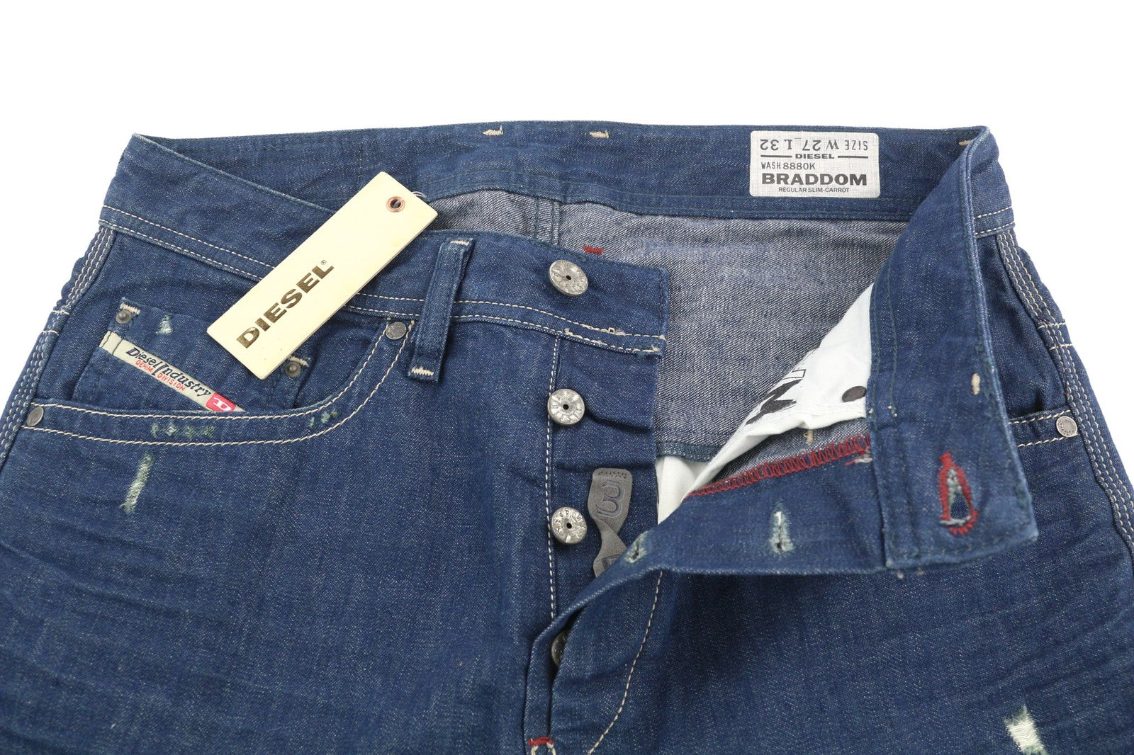 DIESEL Braddom 8880K vyriški džinsai W27/L32 Regular Slim su morkų sagomis, skalbtos mėlynos spalvos 