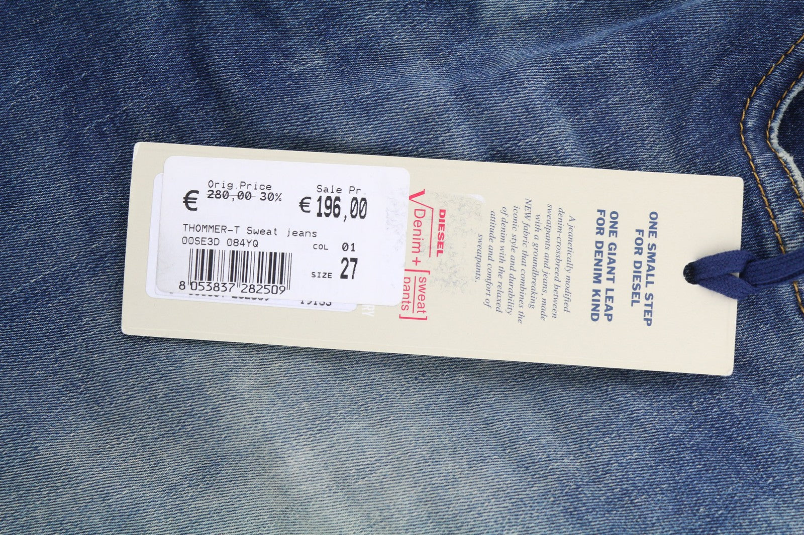 DIESEL Thommer-T 084YQ Vyriški džinsai W27 Jogg Sweat Stretch Slim Washed Mėlyna 