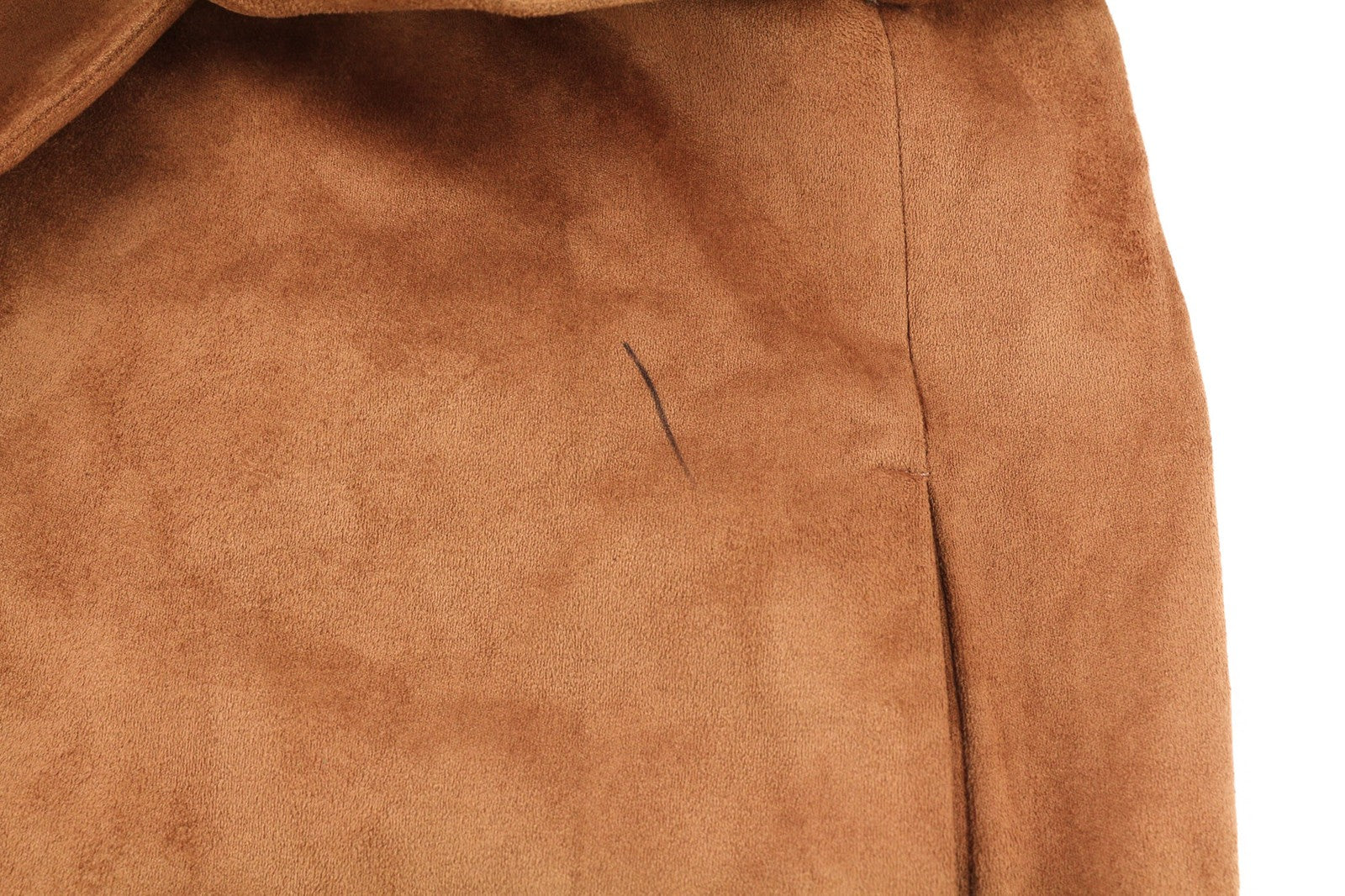 NIFE moteriškas rudas dirbtinės zomšos tamprus paltas M, su diržu, ilgas, dvieilis 