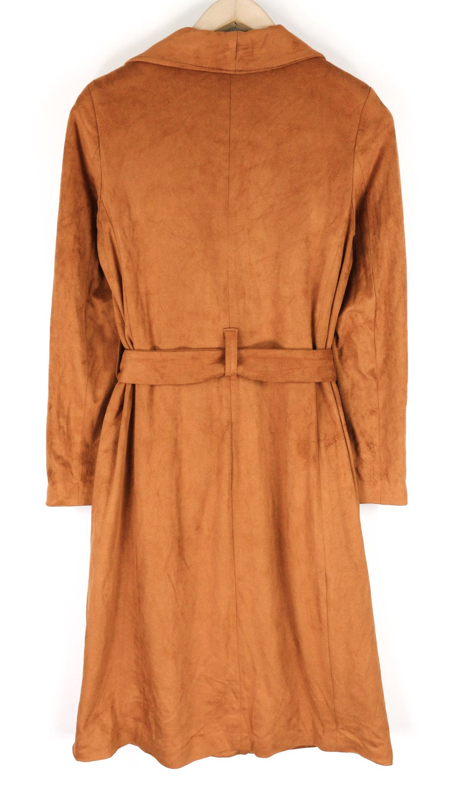 NIFE moteriškas rudas dirbtinės zomšos tamprus paltas M, su diržu, ilgas, dvieilis 