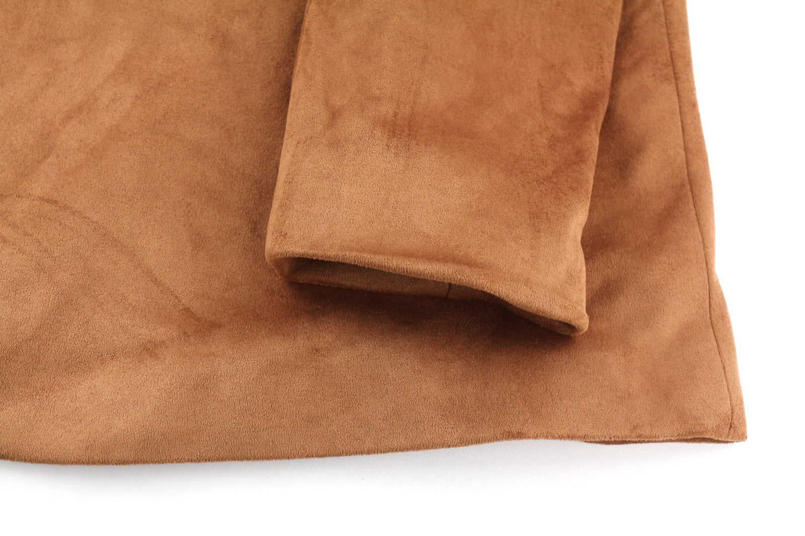 NIFE moteriškas rudas dirbtinės zomšos tamprus paltas M, su diržu, ilgas, dvieilis 