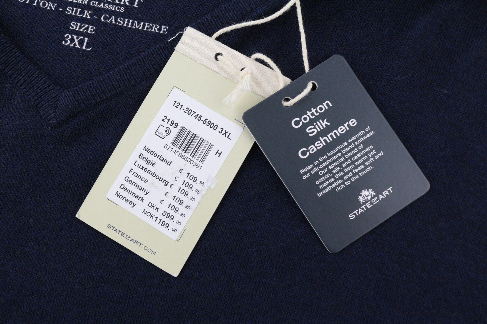 „STATE OF ART“ vyriškas džemperis su V formos iškirpte, 3XL dydžio, tamsiai mėlynas, medvilninis, šilkinis, kašmyro. 