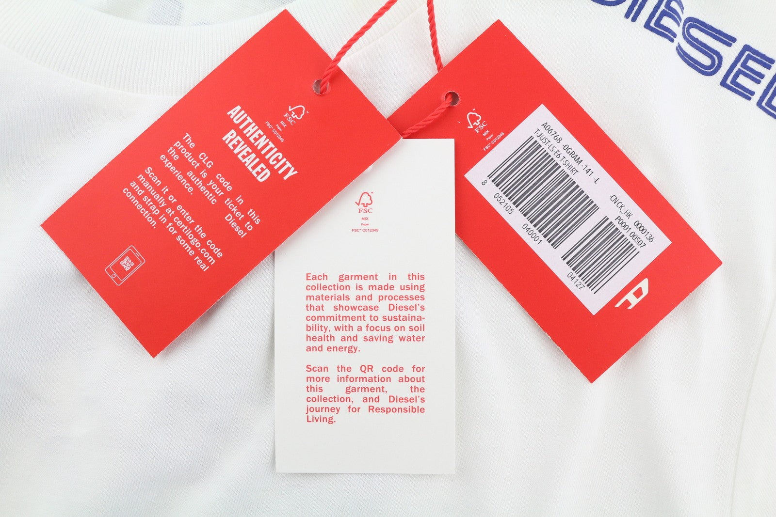 DIESEL T-Just-LS-E6 vyriški marškinėliai L dydžio, balti, ilgomis rankovėmis, apvalia apykakle, trikotažiniai 