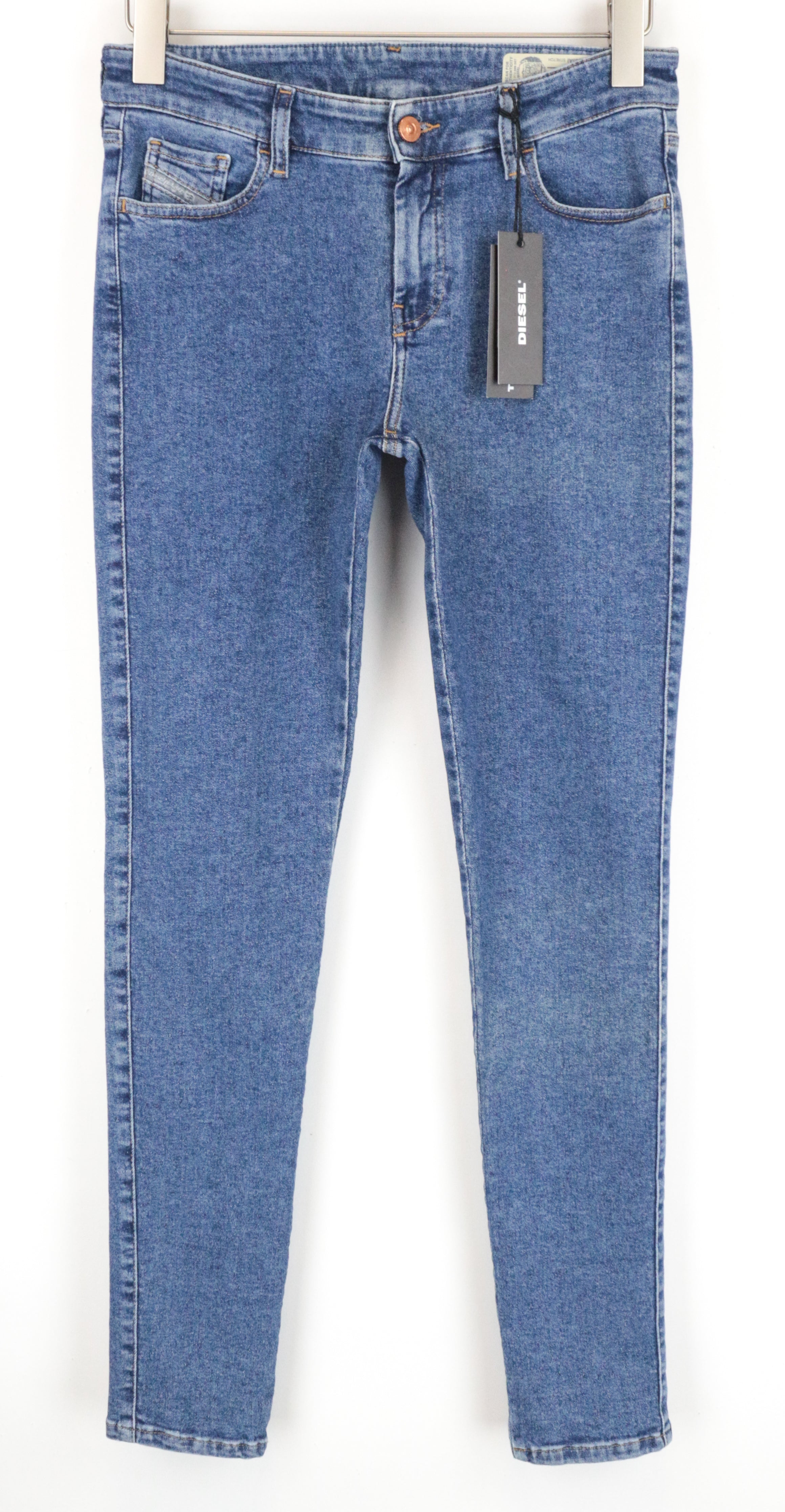 DIESEL Slandy 085AI moteriški mėlyni itin ploni tamprūs džinsai W31/L32 