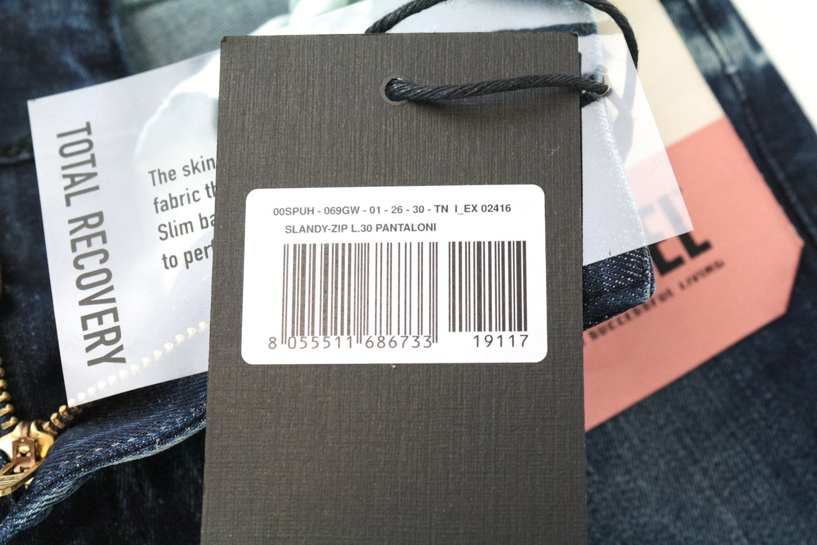 DIESEL Slandy-Zip 069GW moteriški W26/L30 itin aptempti tamprūs mėlyni medvilniniai džinsai 