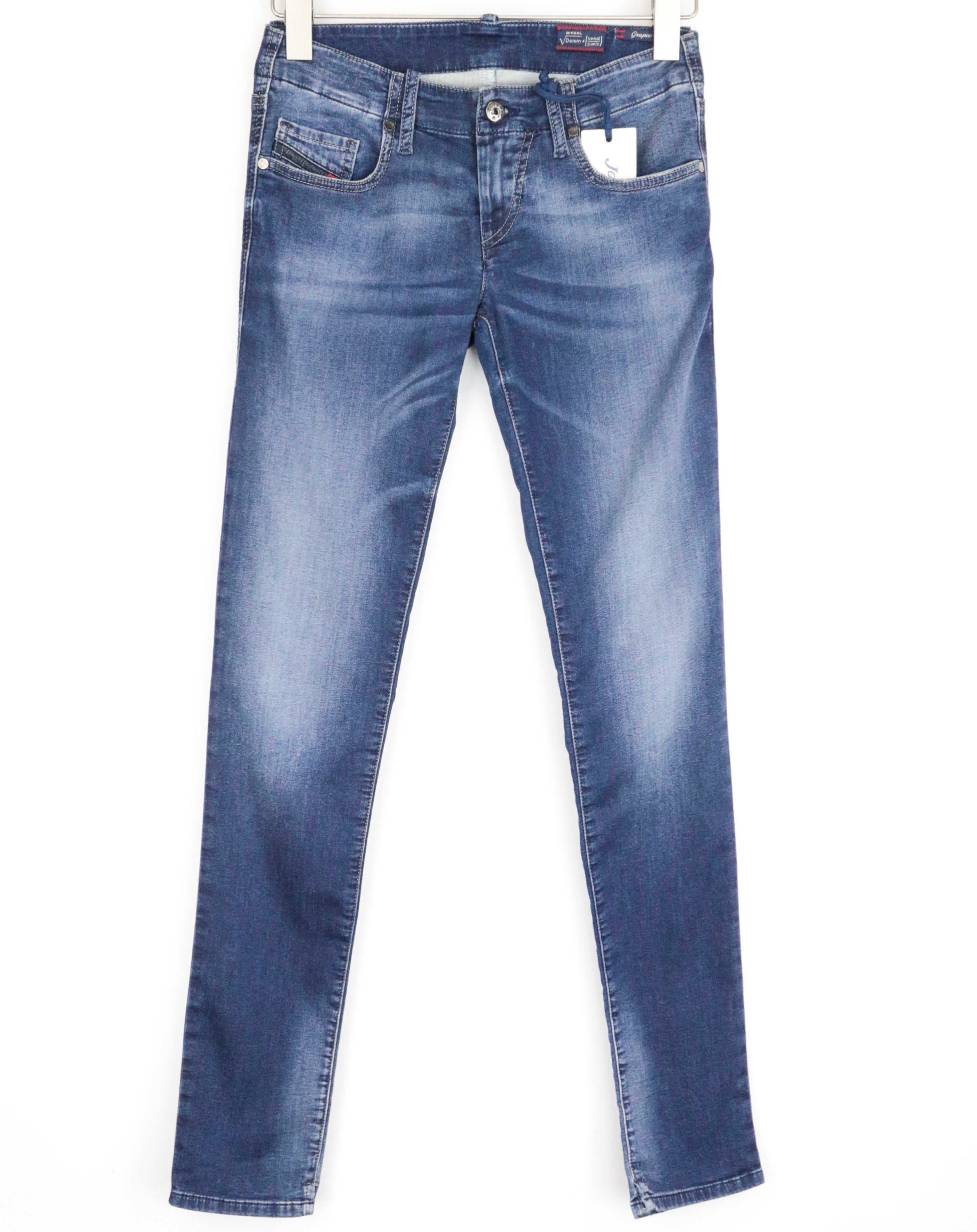 DIESEL Grupee-Ne 0674Y moteriškos W25 mėlynos medvilninės plonos, tamprios džinsinės jogg kelnės. 