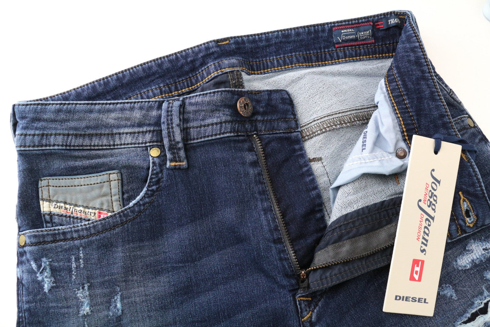 DIESEL Thavar-NE 0662L vyriški džinsai W28 Ripped Jogg mėlyni, tamprūs, ploni 