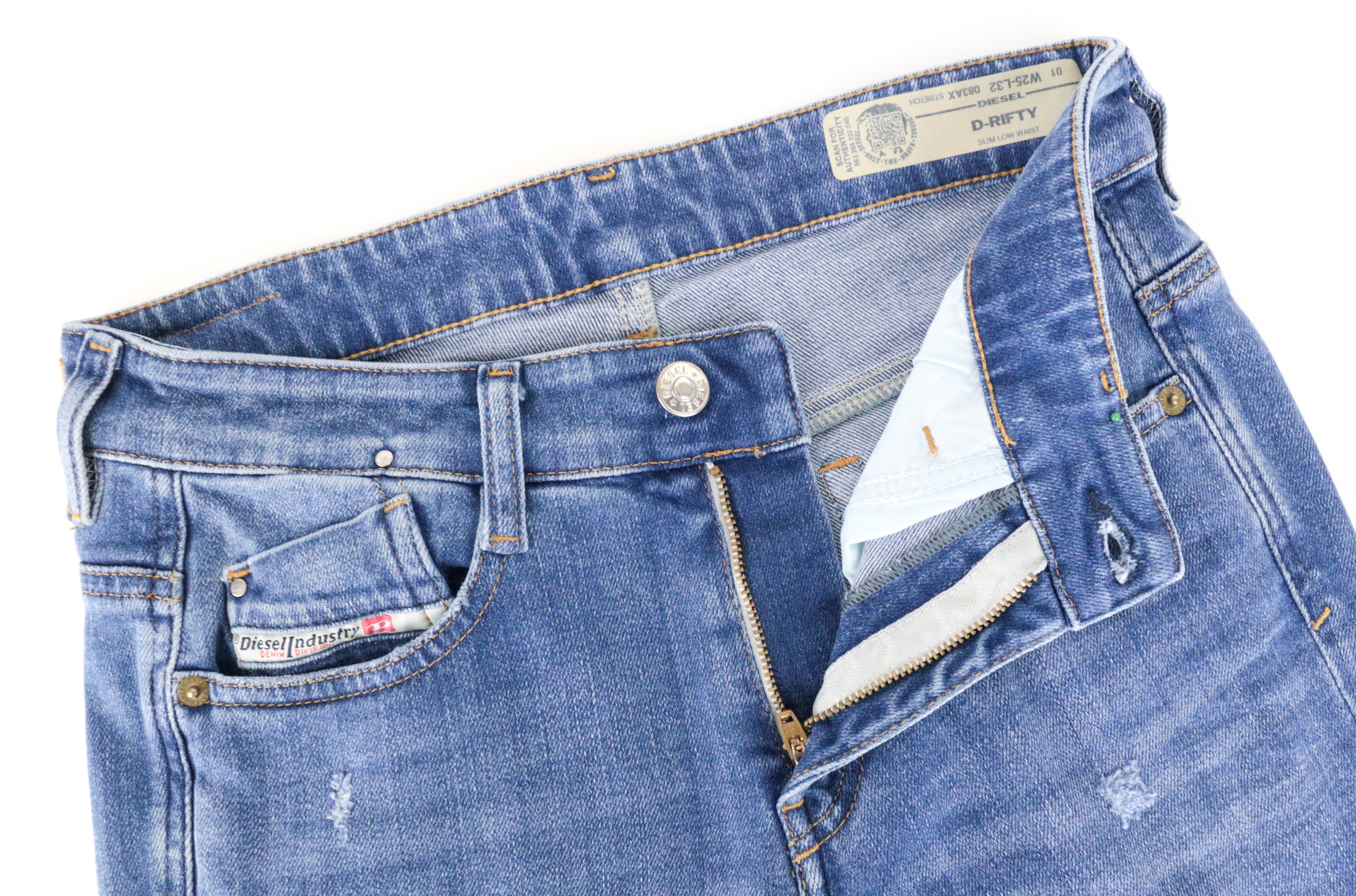 DIESEL D-Rifty 083AX moteriški džinsai W25/L32 žemo kirpimo, mėlyni, tamprūs medvilniniai džinsai 