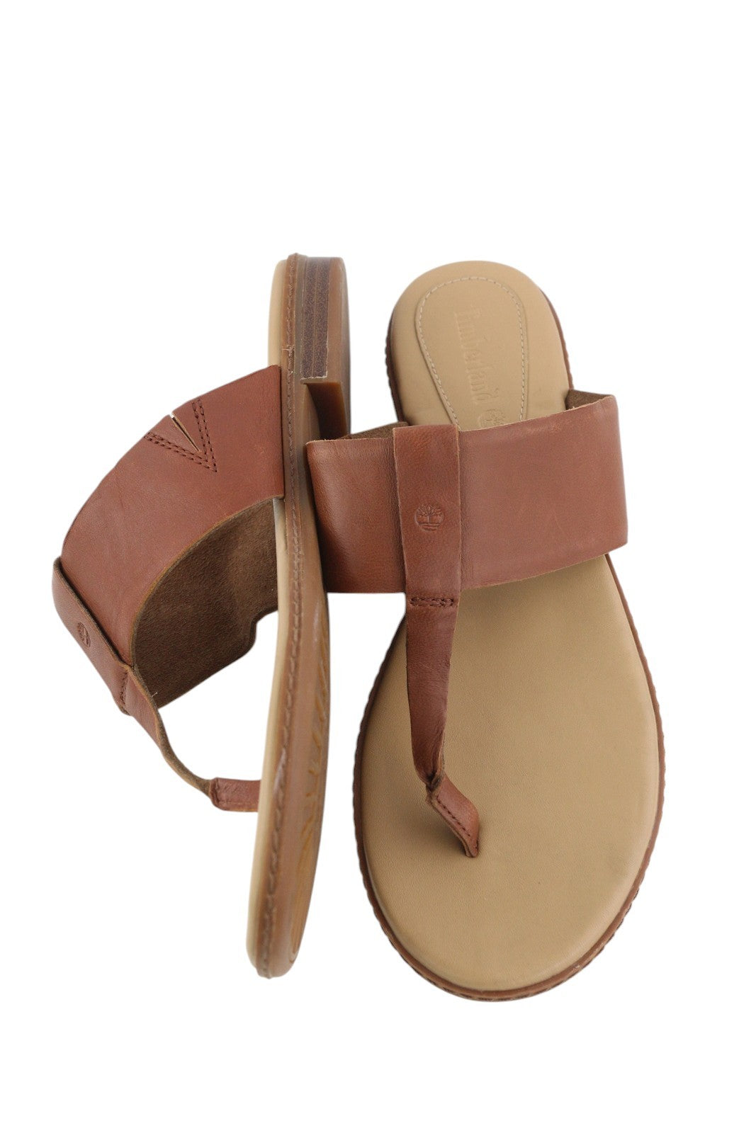 TIMBERLAND A1OZ5 Women Sandals EU39/39.5 Brown Leather Flip Flops Flats Logo