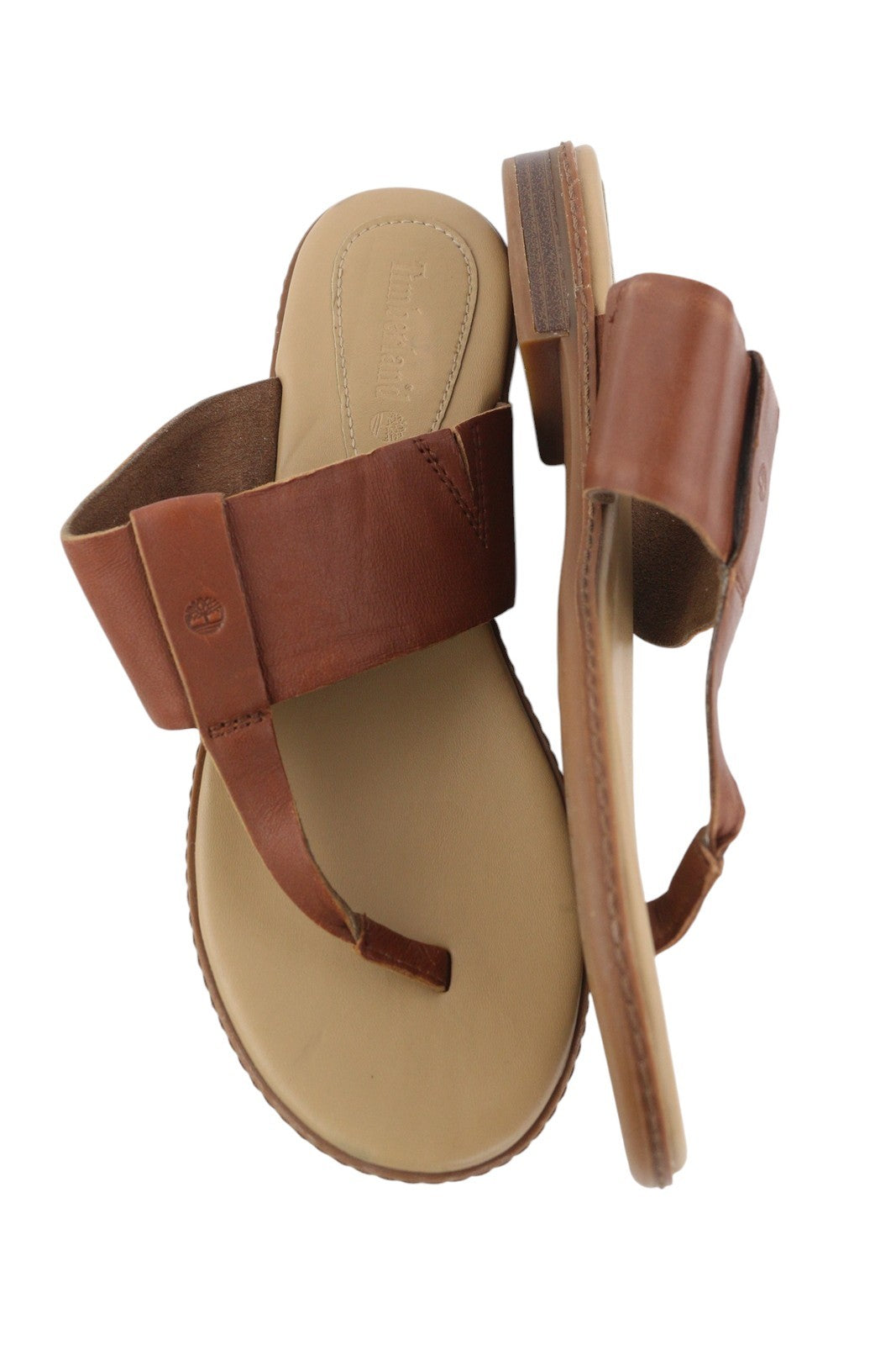 TIMBERLAND A1OZ5 Women Sandals EU39/39.5 Brown Leather Flip Flops Flats Logo