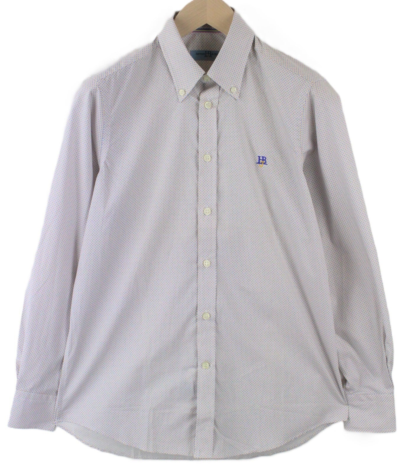 HARMONT & BLAINE Mens S Cotton Shirt Long Sleeve Blue Yellow Pattern White