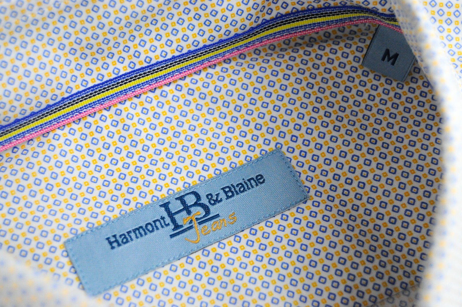 HARMONT & BLAINE M Shirt Mens Long Sleeve Cotton White Blue Yellow Patterned