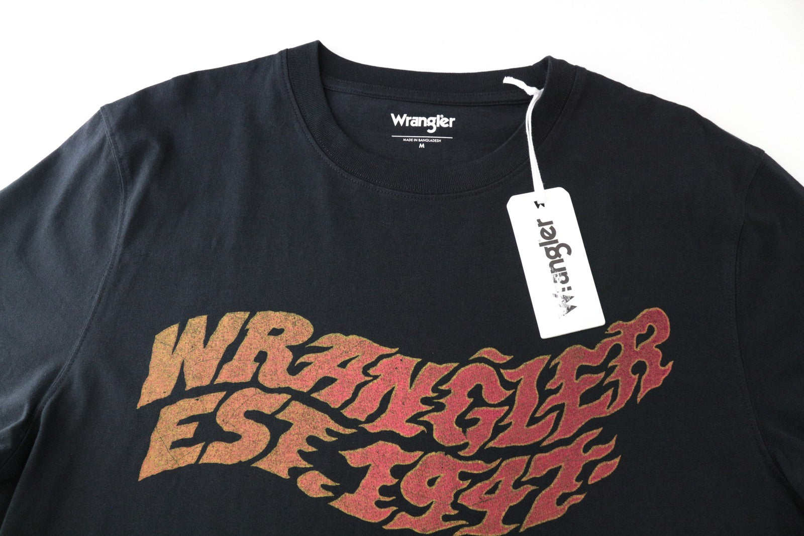 WRANGLER Men's M Black Cotton Pullover Tee Short Sleeve Logo Front Print Casual