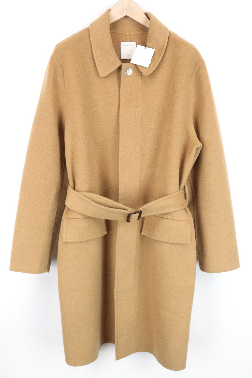 SANDRO vyriškas XL dydžio rudas grynos vilnos paltas su diržu ir ilgomis rankovėmis 