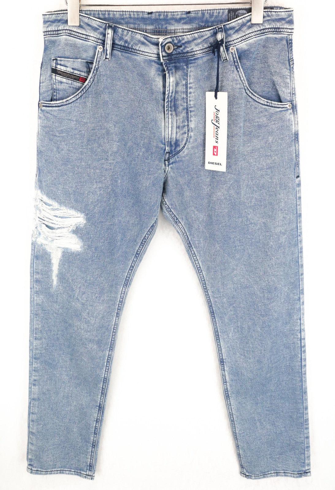 DIESEL Krooley-T 084PV vyriški W31 siaurėjantys jogginiai mėlyni tamprūs plėšyti sportiniai džinsai 