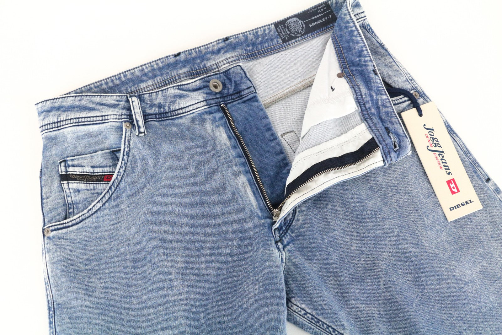 DIESEL Krooley-T 084PV vyriški W31 siaurėjantys jogginiai mėlyni tamprūs plėšyti sportiniai džinsai 