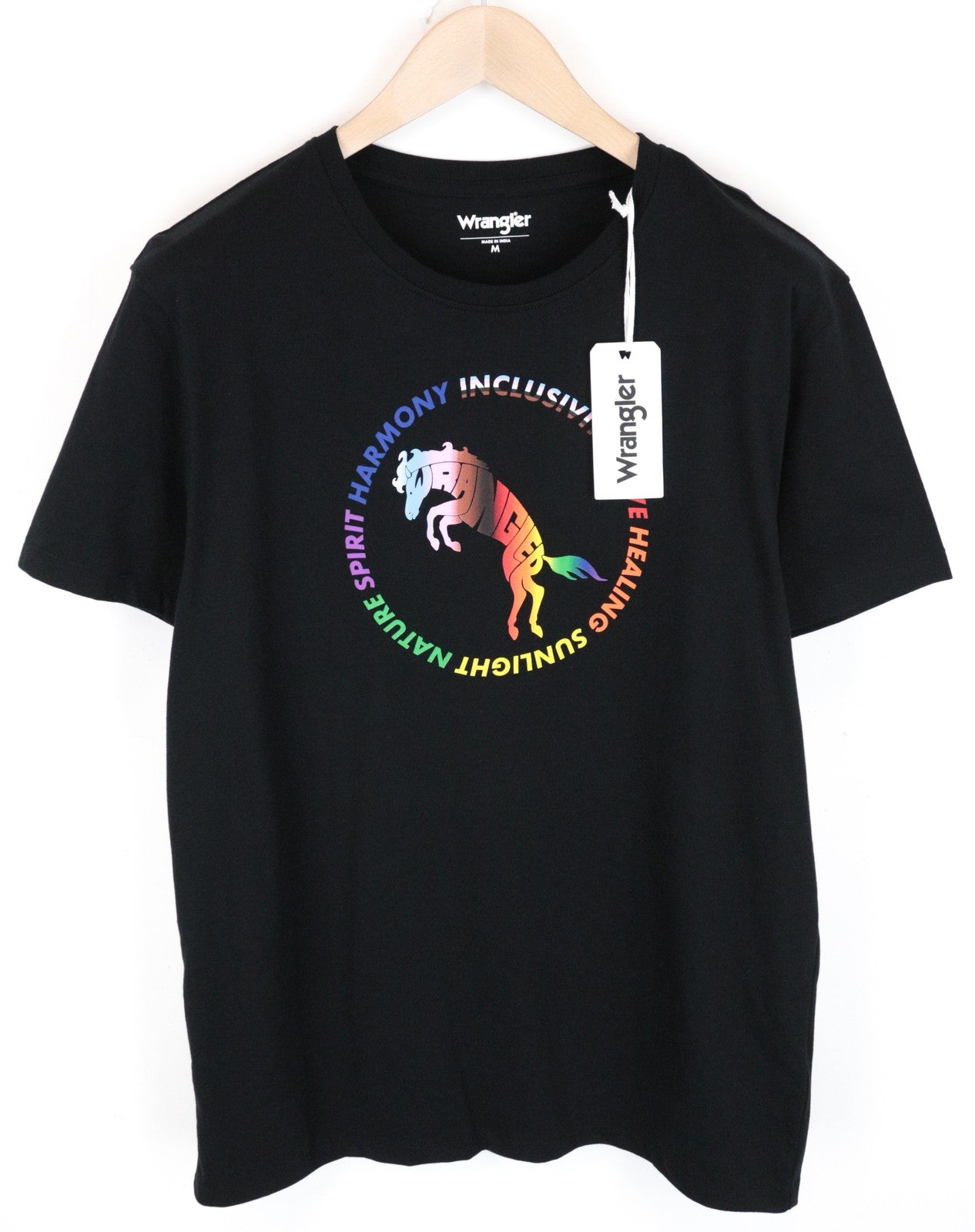 WRANGLER vyriški M juodi vaivorykštės logotipo medvilniniai marškinėliai trumpomis rankovėmis 